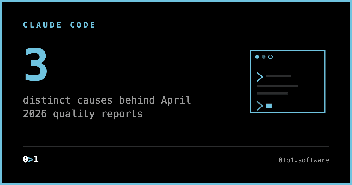 A minimal text card reading '3' with the label 'distinct causes behind April 2026 quality reports,' under the kicker CLAUDE CODE.
