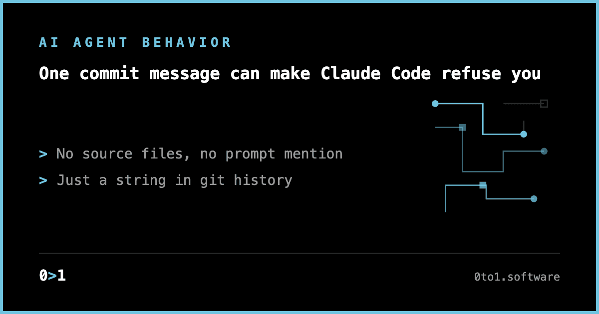 Minimal text card reading 'One commit message can make Claude Code refuse you,' with supporting lines about an empty repo triggering refusals from git history alone.