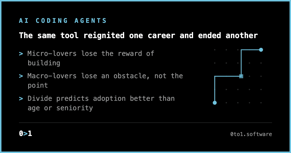Minimal text card contrasting two veteran developers' opposite reactions to AI coding agents, framed around the micro versus macro divide in software work.